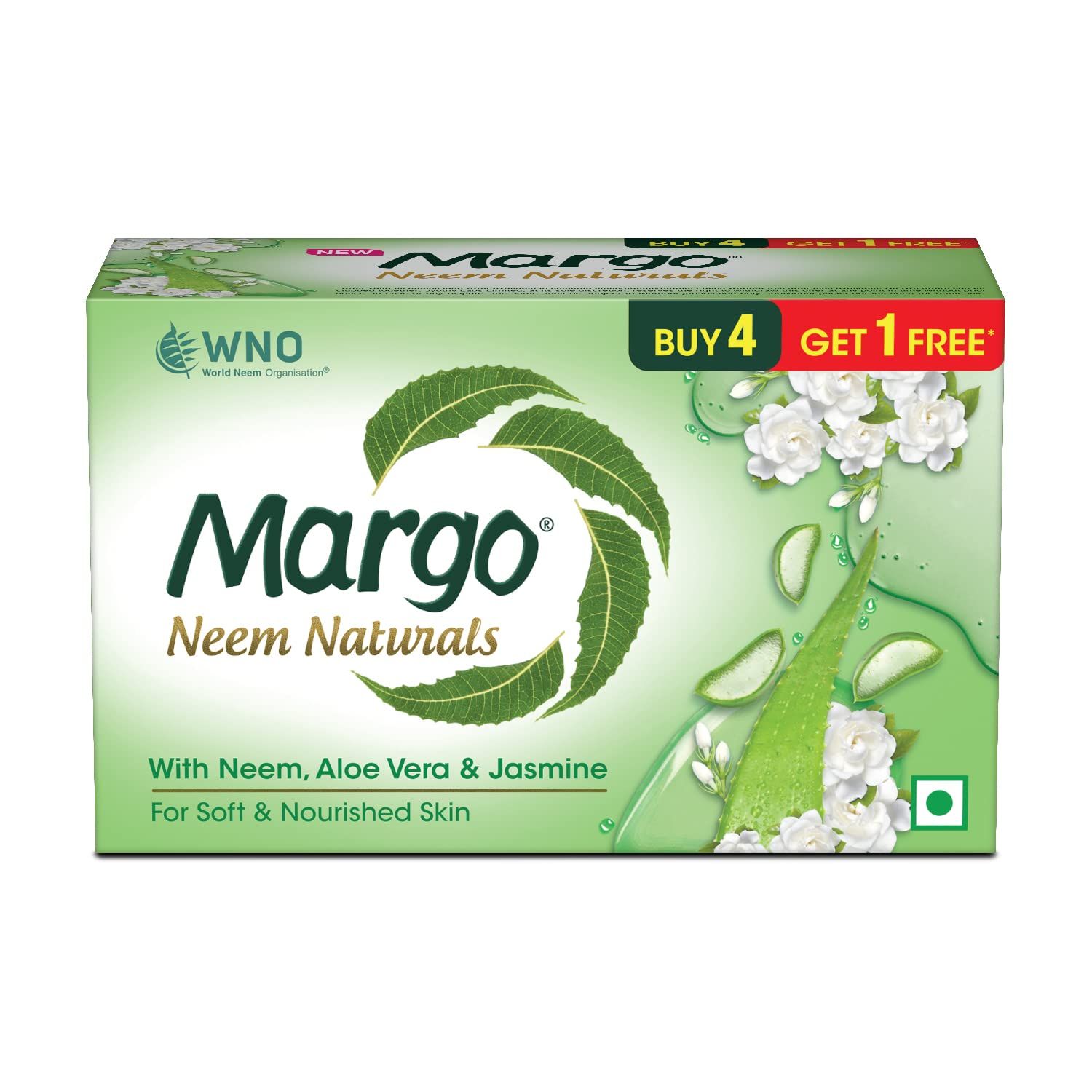Margo Neem Naturals Soap With Goodness Of 1000 Neem Leaves (100Gm X Pack Of 5), Enriched With Aloe Vera & Jasmine, Soap For Soft & Nourished Skin [100Gm X 5]