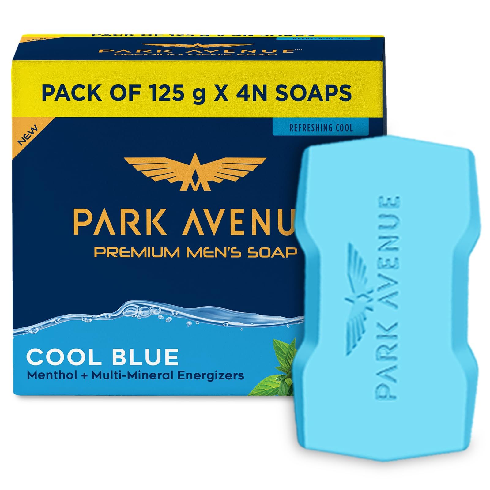 Park Avenue Premium Mens Soaps For Bath Cool Blue, 125G (Pack Of 4), Menthol & Mineral Energizer, Grade 1 Soap, For All Skin Types