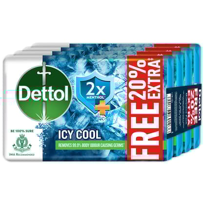 Dettol Icy Cool Bathing Soap Bar With 2X Menthol, 600Gm, 125Gm + 20% Extra Free, Pack Of 4