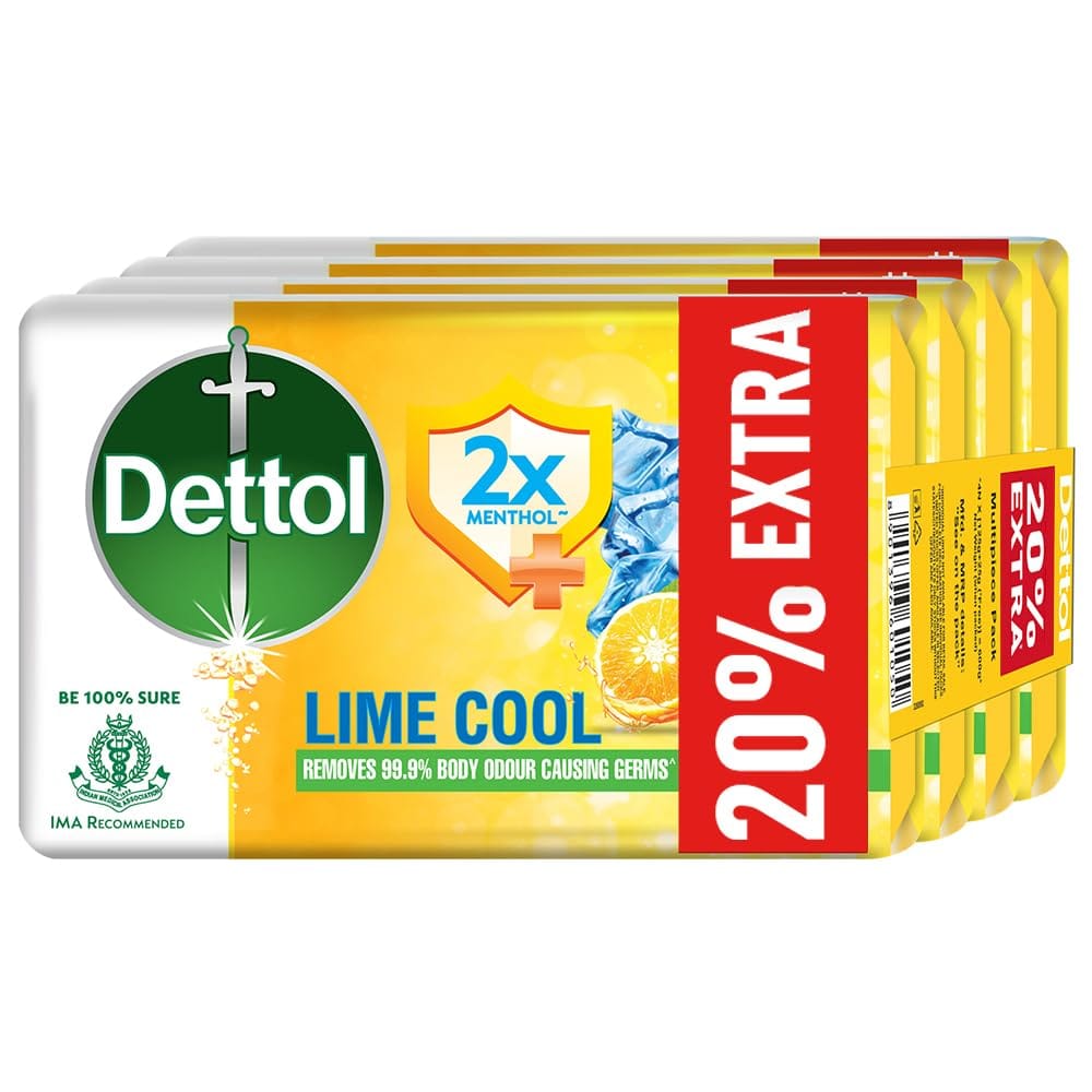 Dettol Lime Cool Bathing Soap Bar With 2X Menthol (600Gm), Long Lasting Freshness, 125Gm + 20% Extra, Pack Of 4