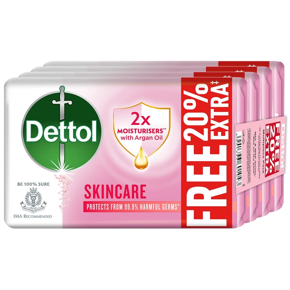 Dettol Skincare Moisturizing Beauty Bathing Soap Bar With Argan Oil, 600Gm, Softer Skin, 125Gm + 20% Extra Free, Pack Of 4