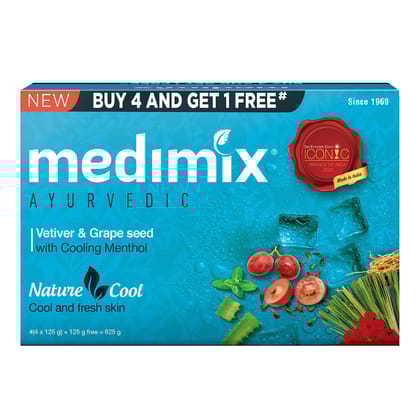 Medimix Ayurvedic Cool Bathing Soap With Men'sthol, Vetiver & Grape Seed 125Gm (Extra Combo Pack)|For Fresh & Protected Skin|Shop Herbal|Natural|Paraben, Free & Sulphate, Free|100% Vegan, Pack Of 5