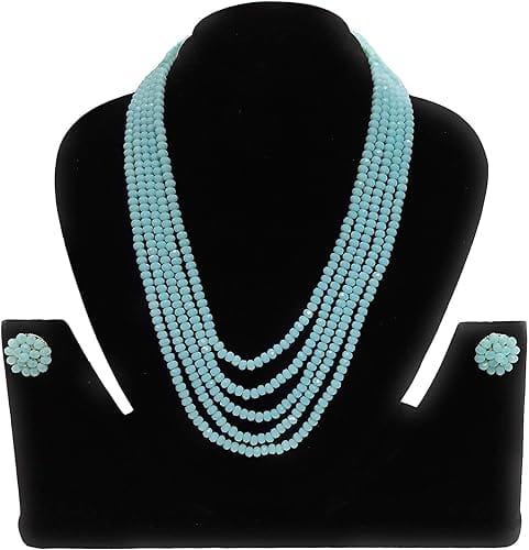 AV FASHION INDIA - Crystal Stone Beads 5 Layer Necklace set 16 Inch Long"Stunning Aqua Blue Crystal Beads Necklace Set with Earrings for Women"