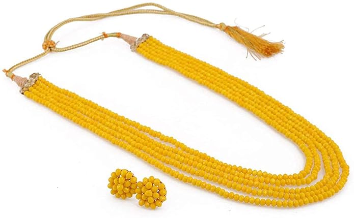 A V FASHION INDIA - ** Yellow Beads Traditional Necklace Set 5 Layer Necklace with Stud Earring Multi Strand Yellow Colour 16" Mala for Girl and Women Fashion Jewellery