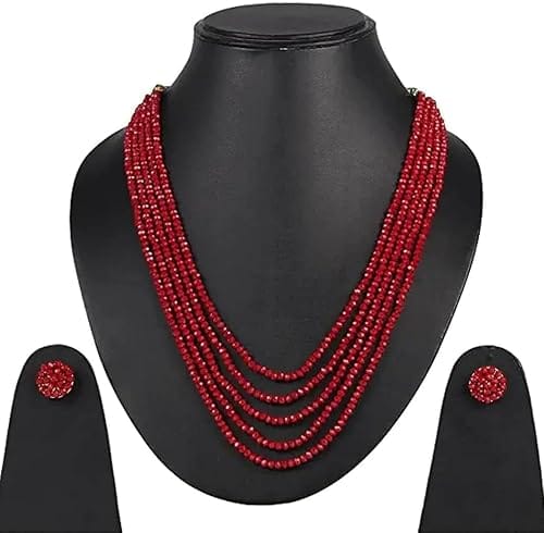 A V FASHION -  **Red Beaded Necklace and Earring Set** Gemstone Beads Necklace 5 Layer Multistrand Round Faceted Stylish Mala For Girl and Women Fashion Jewellery (Maroon)