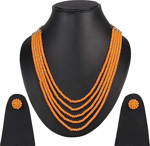 AV Fashion India - Semi Precious **Orange Beads Traditional Necklace Set Crystal Gemstone Round Faceted 4Mm Beads Necklace With Stud Earring 5 Layer 16" Long Yellow Color Mala For Girl And Women Fashion Jewellery
