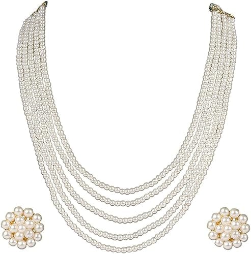 A V FASHION INDIA - Semi Precious Pearl Beads Necklace White Color 5 Layer Pearl Beaded With Trendy Stud Earring For Women And Girl White Color Traditional 16 Inch Long Necklace Fashion Jewellery