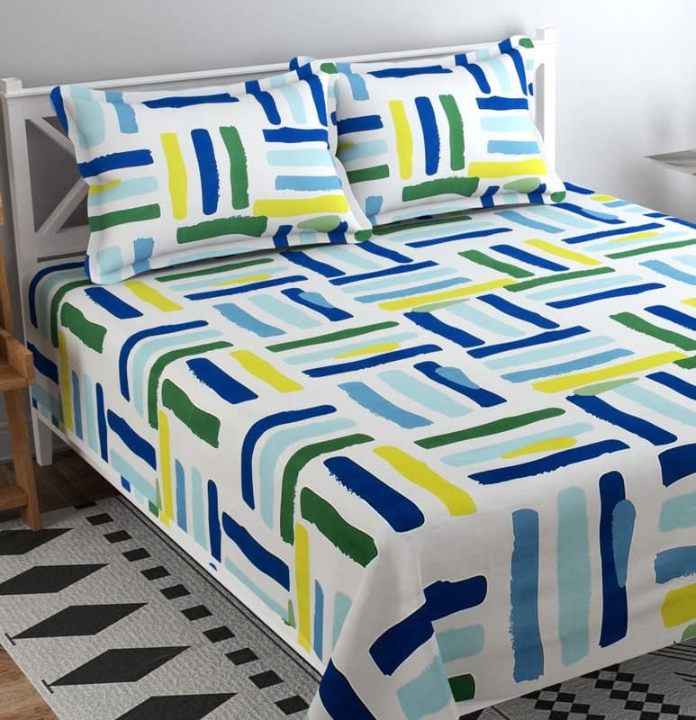 210 TC Cotton Feel | Printed Double Size Bedsheet With 2 Pillow Covers - White