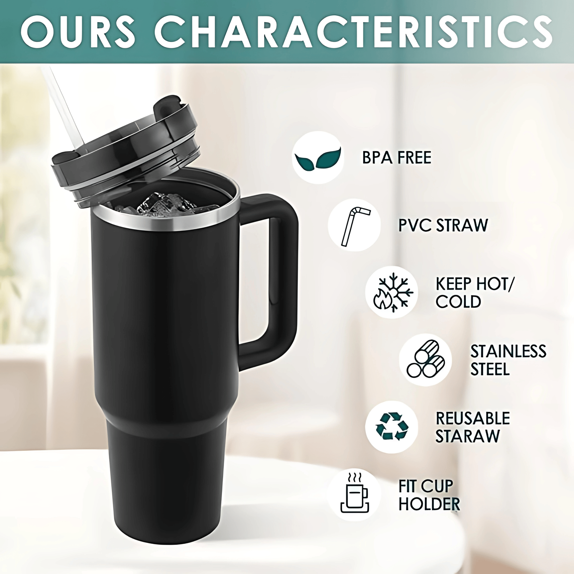 1200ML Stainless Steel Tumbler Hot and Cold with Handle and Lid 2 Straw, Double Insulated Cup 100% Leak Proof Mug Cupholder for Gym, Travelling. Tumbler with Straw, Steel Bottle (Black)