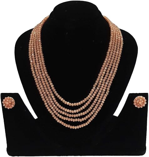 A V FASHION INDIA - Semi Precious Gemstone Peach Crystal Stone Beads 5 Layer Necklace With Stud Earring Multi Strand Peach Colour 16" Mala for Girl and Women Fashion Jewellery