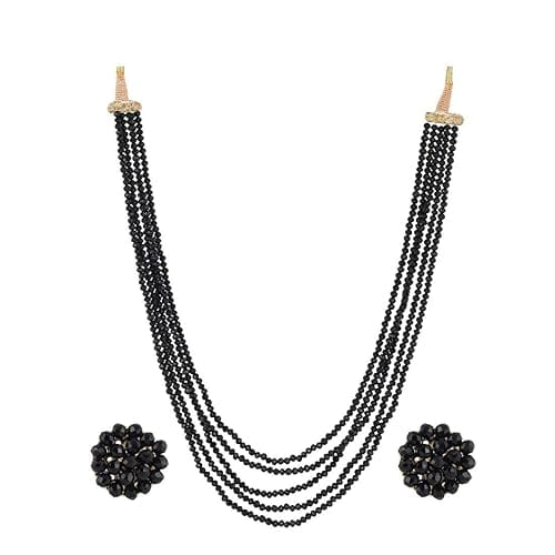 A V FASHION INDIA -  Black Crystal Stone Beads Necklace with Stud Earring For Women and Girl stylish Traditional Beaded 16 Inch Long Necklace Set Black Mala Fashion Jewellery