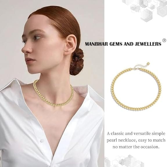 MANBHAR GEMS - Faux Pearl Necklace For Girl and Women Yellow Pearl Necklaces for Women, 8MM Beaded Choker Necklace 1 Layer Beaded Mala Fashion Jewellery