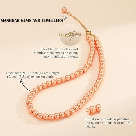 Faux Pearl Necklace For Girl and Women Orange Pearl Necklaces for Women, 8MM Beaded Choker Necklace 1 Layer Beaded Mala Fashion Jewellery