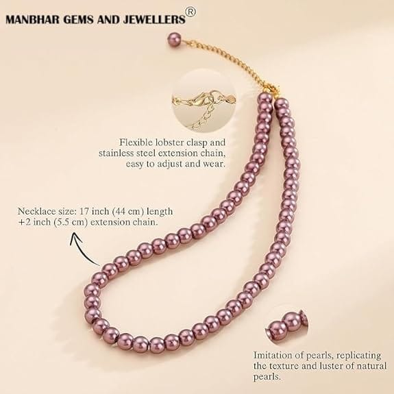 MANBHAR GEMS - Faux Pearl Necklace For Girl and Women Purple Pearl Necklaces for Women, 8MM Beaded Choker Necklace 1 Layer Beaded Mala Fashion Jewellery