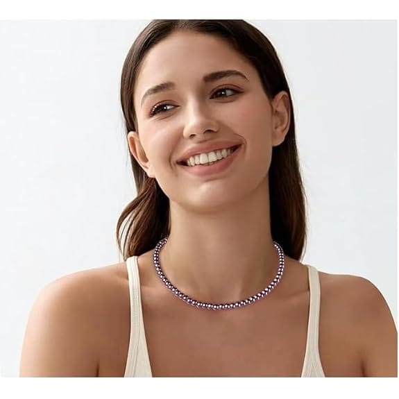 MANBHAR GEMS - Faux Pearl Necklace For Girl and Women Purple Pearl Necklaces for Women, 8MM Beaded Choker Necklace 1 Layer Beaded Mala Fashion Jewellery