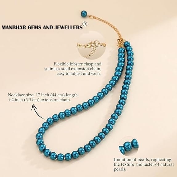 MANBHAR GEMS - Faux Pearl Necklace For Girl and Women Blue Pearl Necklaces for Women, 8MM Beaded Choker Necklace 1 Layer Beaded Mala Fashion Jewellery