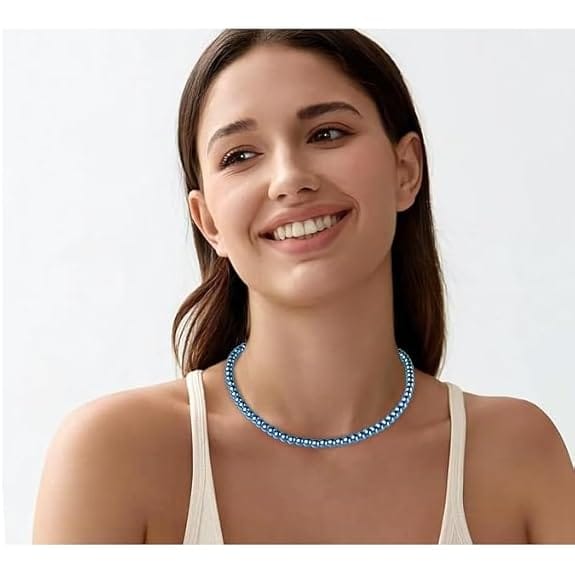 MANBHAR GEMS - Faux Pearl Necklace For Girl and Women Blue Pearl Necklaces for Women, 8MM Beaded Choker Necklace 1 Layer Beaded Mala Fashion Jewellery