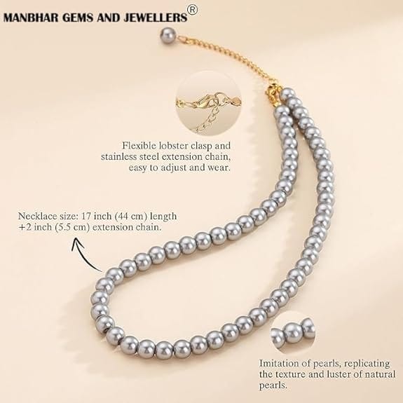 MANBHAR GEMS - Faux Pearl Necklace For Girl and Women Gray Pearl Necklaces for Women, 8MM Beaded Choker Necklace 1 Layer Beaded Mala Fashion Jewellery