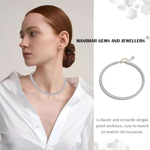 MANBHAR GEMS - Faux Pearl Necklace For Girl and Women Gray Pearl Necklaces for Women, 8MM Beaded Choker Necklace 1 Layer Beaded Mala Fashion Jewellery