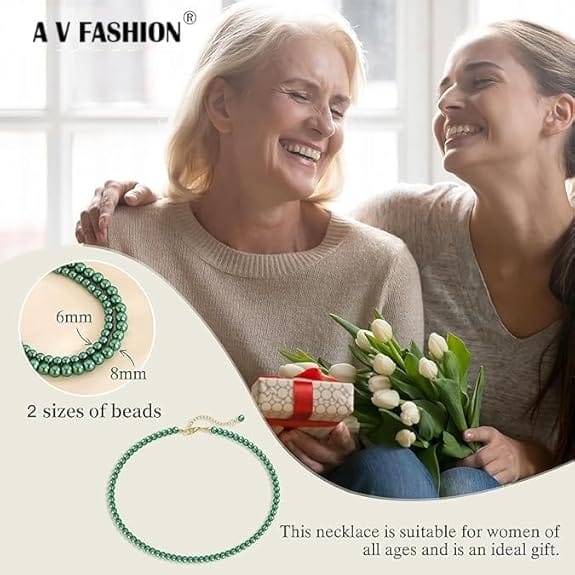 MANBHAR GEMS - Faux Pearl Necklace For Girl and Women Green Pearl Necklaces for Women, 8MM Beaded Choker Necklace 1 Layer Beaded Mala Fashion Jewellery