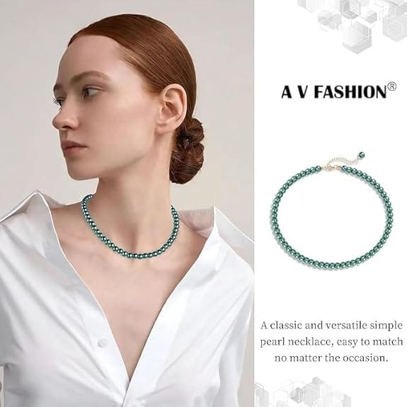 MANBHAR GEMS - Faux Pearl Necklace For Girl and Women Green Pearl Necklaces for Women, 8MM Beaded Choker Necklace 1 Layer Beaded Mala Fashion Jewellery