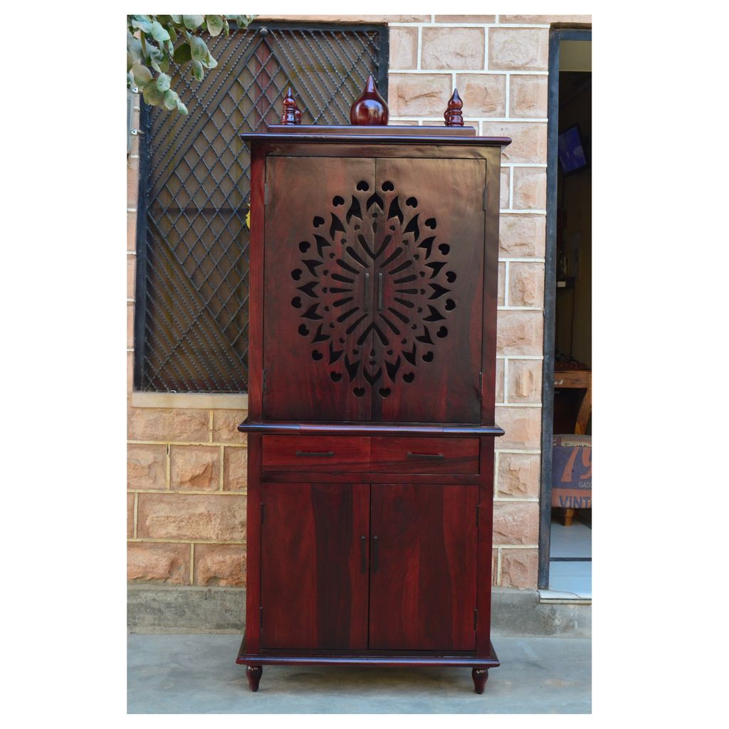 Solid Sheesham Cabinet Wood Mandir for Home | Temple for Home with 2 Doors, One Drawer | Pooja Mandap in Provincial Teak Finish for Home & Office Furniture - 1 Piece - Pooja Needs | Buy online on ZillyBuy