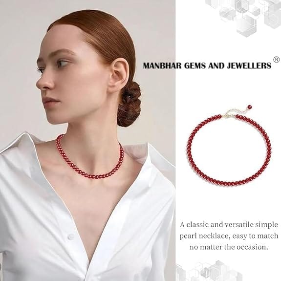 MANBHAR GEMS - Red Crystal Necklace For Girl and Women Crystal Necklaces for Women, 8MM Beaded Choker Necklace 1 Layer Beaded Mala Fashion Jewellery