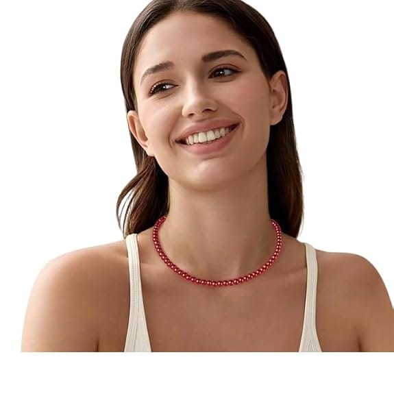 MANBHAR GEMS - Red Crystal Necklace For Girl and Women Crystal Necklaces for Women, 8MM Beaded Choker Necklace 1 Layer Beaded Mala Fashion Jewellery