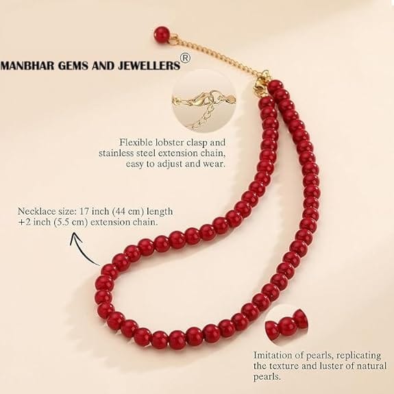 MANBHAR GEMS - Red Crystal Necklace For Girl and Women Crystal Necklaces for Women, 8MM Beaded Choker Necklace 1 Layer Beaded Mala Fashion Jewellery