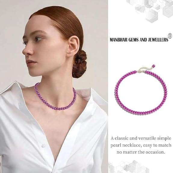 MANBHAR GEMS - Faux Pearl Necklace For Girl and Women Pink Pearl Necklaces for Women, 8MM Beaded Choker Necklace 1 Layer Beaded Mala Fashion Jewellery