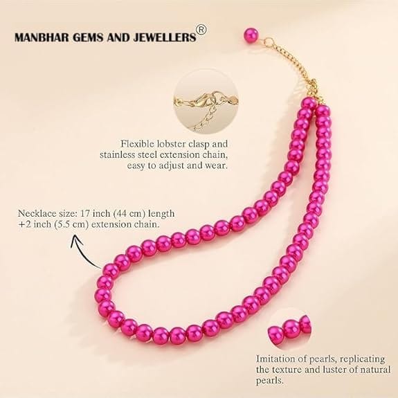 MANBHAR GEMS - Faux Pearl Necklace For Girl and Women Pink Pearl Necklaces for Women, 8MM Beaded Choker Necklace 1 Layer Beaded Mala Fashion Jewellery