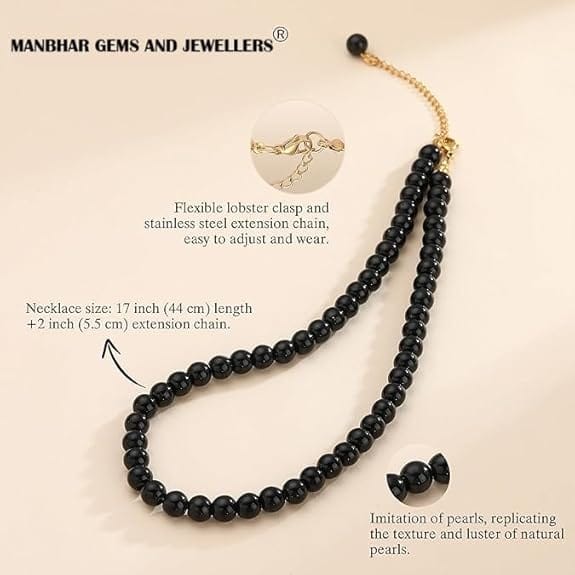 MANBHAR GEMS - Pearl Necklace For Girl and Women Black PearLNecklaces for Women, 8MM Beaded Choker Necklace 1 Layer Beaded Mala Fashion Jewellery