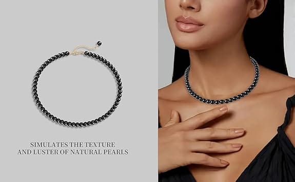 MANBHAR GEMS - Pearl Necklace For Girl and Women Black PearLNecklaces for Women, 8MM Beaded Choker Necklace 1 Layer Beaded Mala Fashion Jewellery