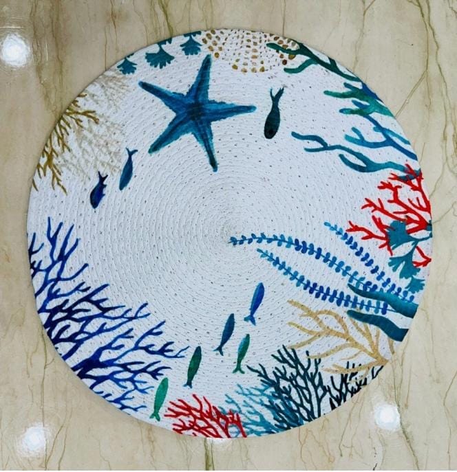 Coastal Themed Handwoven Seagrass Placemats with Starfish and Coral Design