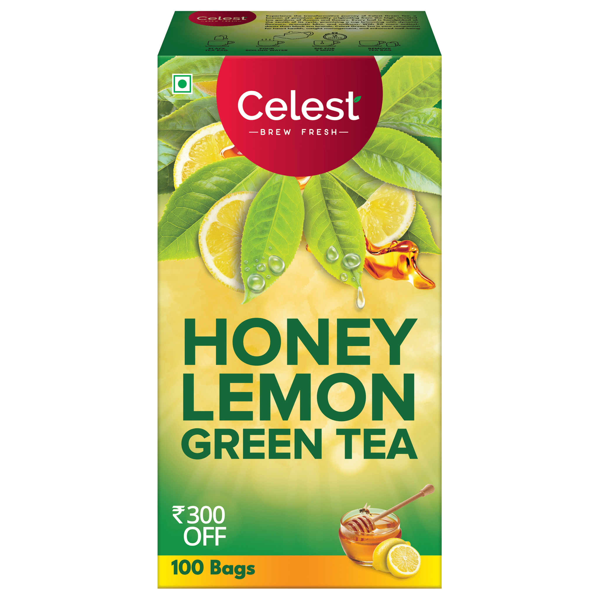 Celest Honey Lemon Green, 100 Tea Bags | Green Tea | Honey Lemon Green Tea | Green Tea Bags Box