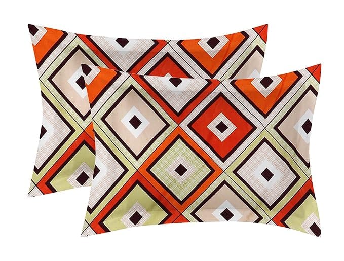  Set of 2 Pillow Shams - 100% Cotton - Soft and Breathable - Geometric Pattern - Orange, Brown, and Green