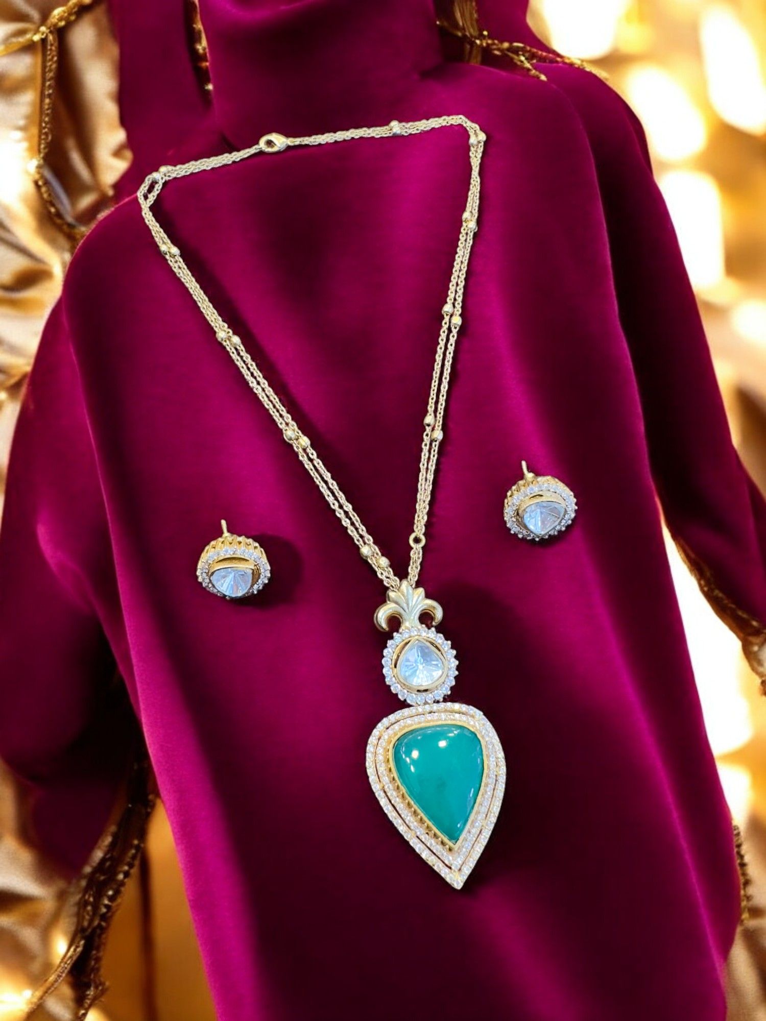 Stunning Gold and Green Kundan Pendant Set By Dia Art Jewels