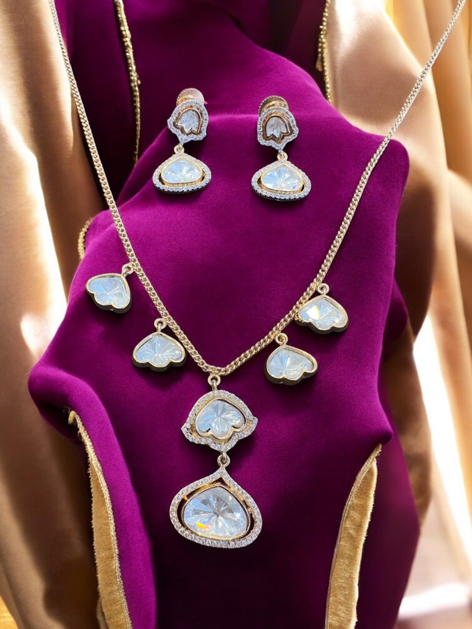 Gold Plated Cubic Zirconia Charm Necklace Set By Dia Art Jewels