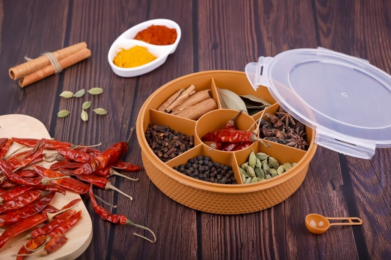 Plastic 7 Section Round Masala Box For Kitchen |Multisection Plastic Masala Box Organiser, Dry Fruit Box, Chocolate Box, Multi Color, Air Tight, Leak Proof, BPA Free (Grey)