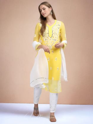 Yellow Mirror Chikankari Handmade Kurti Set-36-XS