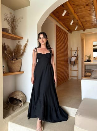 Tied Spaghetti Strap Corset Flare Maxi Dress-Black / M