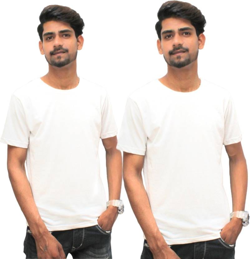 Pack of 2 This model (height 5'9) is wearing a sizs M Men Solid Round Neck Pure Cotton White T-Shirt