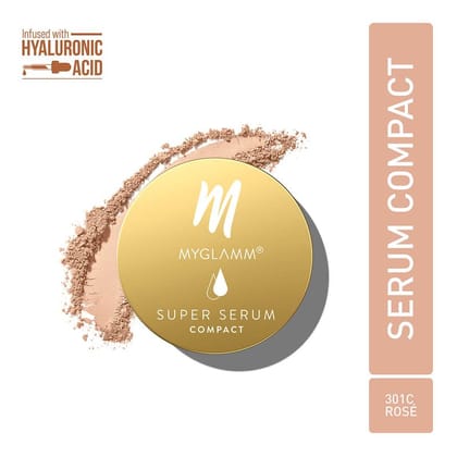 MyGlamm Super Serum Compact - 301C Rosé | Skin-Perfecting Hydrating Compact Powder With Hyaluronic Acid & Vitamin E for Skin Protection (9g)