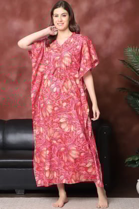 Red Color Floral Printed Pure Cotton Kaftan For Women-Onesize