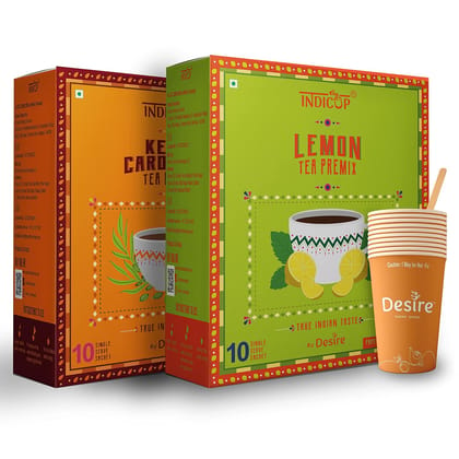 INDICUP Kesar Cardamom Tea & Lemon Tea Combo Pack - 10 Sachets