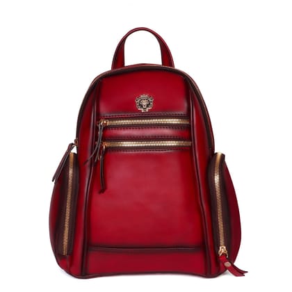 Signature Metal Lion Red Genuine Leather Multi-Pockets Girlish Backpack By Brune & Bareskin-FS