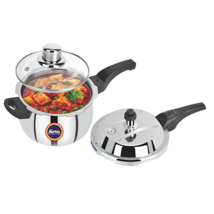 Softel Tri-Ply 1.5 Litre Stainless Steel Handi Pressure Cooker with Glass Lid | Gas & Induction Compatible | Silver