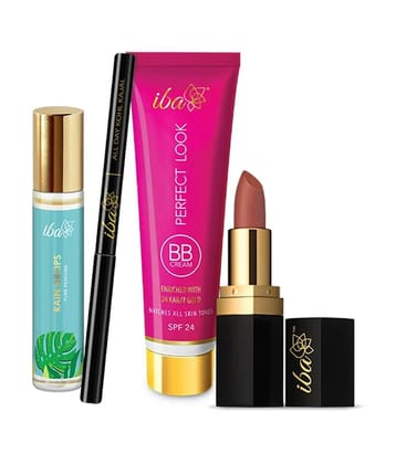 Iba Bestsellers Bundle Rain Drops Perfume, Kohl Kajal, BB Cream,Medium Shade, Lipstick, (Pack of 4)