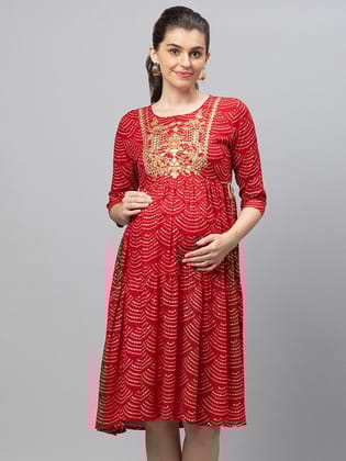 Red Printed  Fit And Flare Maternity Dress