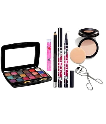 swenky eyeshadow with eyeliner color changing lip balm compact eyelash curler (Pack of 7)